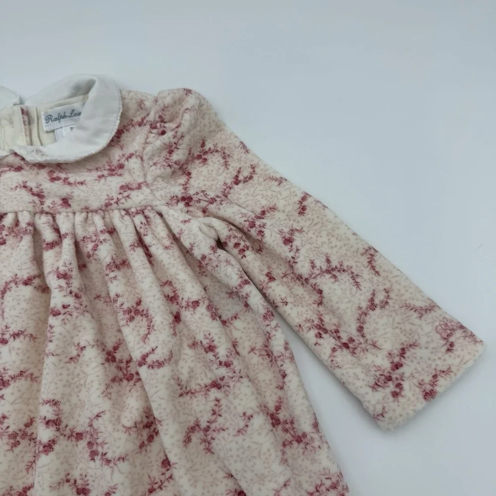 Ralph Lauren 9 Months Baby‎ Girl Pink Velvet Floral Dress Collar Soft 90% Cotton
